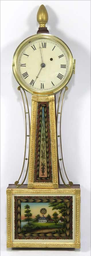 SAWIN BANJO CLOCK: eglomise panel of Mt. Vernon, 33”h (incl. finial) In working order.