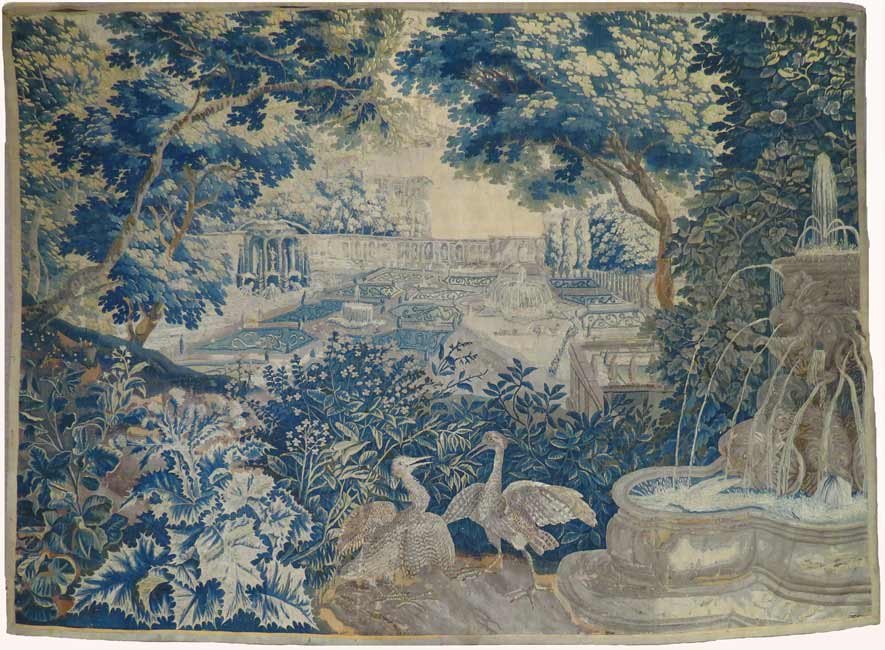 FRENCH AUBUSSON VERDURE WALL TAPESTRY: 18th c., a pair of birds bathing in a fountain, in the distance through the trees, a view of a formal classical garden with fountains, old linen backing, 8’2” x 10’7”