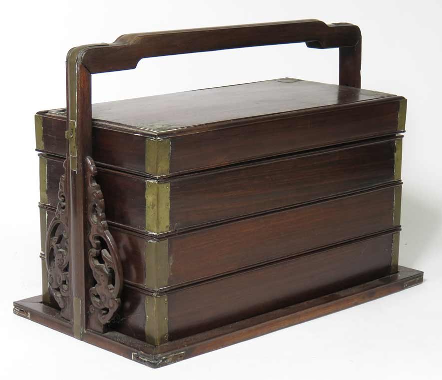 CHINESE STACKING SCHOLAR’S BOX: four tiers with handle, brass corners, 11.25”h (incl. handle); 13.5”w; 7”d