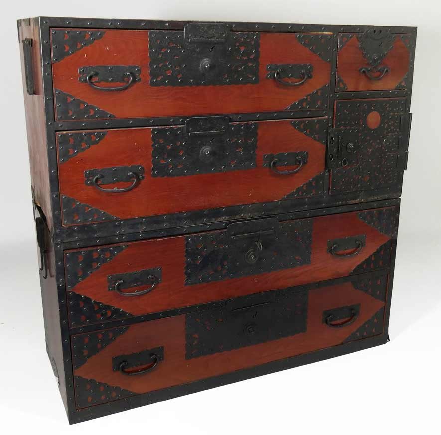 JAPANESE 2-PART TANSU: each part with two drawers and iron hardware, iron side handles, 43”h; 44.5”w; 17”d Prov.: The family home of the American poet Amy Lawrence Lowell, Brookline, MA.