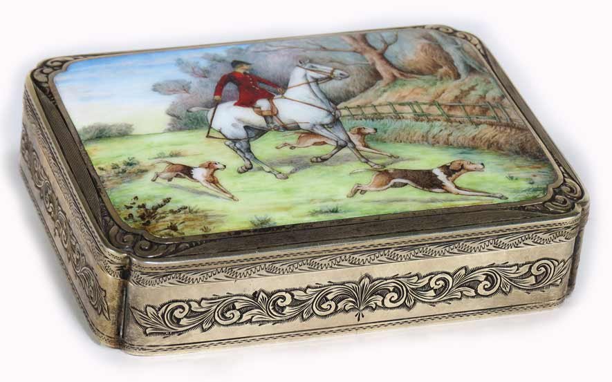 ELABORATELY ENGRAVED SILVER AND ENAMEL BOX: marked 925 and hallmark with star/391 ll, and ITALY enamel fox hunting scene with horses to hinged top, scrolling foliate engraving to sides and bottom, 1”h; 4.5”w; 3.25”d