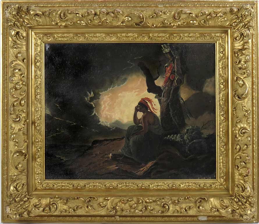 AMERICAN, 19th c.: Native American contemplating an approaching storm unsigned, o/c, 17.5 by 22, ornate gilt frame