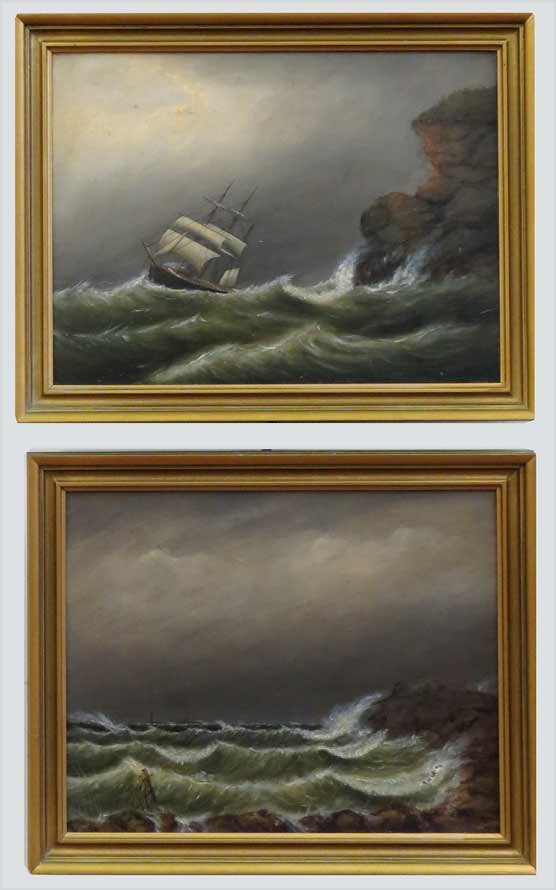 (on 2) CLEMENT DREW (American, 1806-1889): Lee Shore off Mount Desert by C Drew 1883 Braces Rock/East Gloucester/by C Drew/Sketched Live/Gale Sept 29 1882 both o/b, 9 by 11.5 in., framed From a Winchester, MA home.