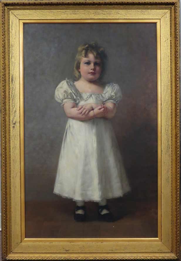 FRANCIS DAVIS MILLET (American, 1846-1912): portrait of Mabel Bacon sgn. l.r. F D Millet, o/c (relined), 44.25 by 28.25 in., gilt frame 9/9-removed backing: written on reverse: Mabel Simpkins Bacon. 2 1/2 years old./painted by/F.D. Millet, New 