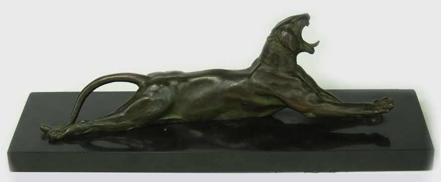 ANNA VAUGHN HYATT HUNTINGTON (American, 1876-1973): stretching mountain lion sgn. and numbered Anna Hyatt / #357, Gorham foundry mark 13”long, mounted on 15.5”w; black marble base