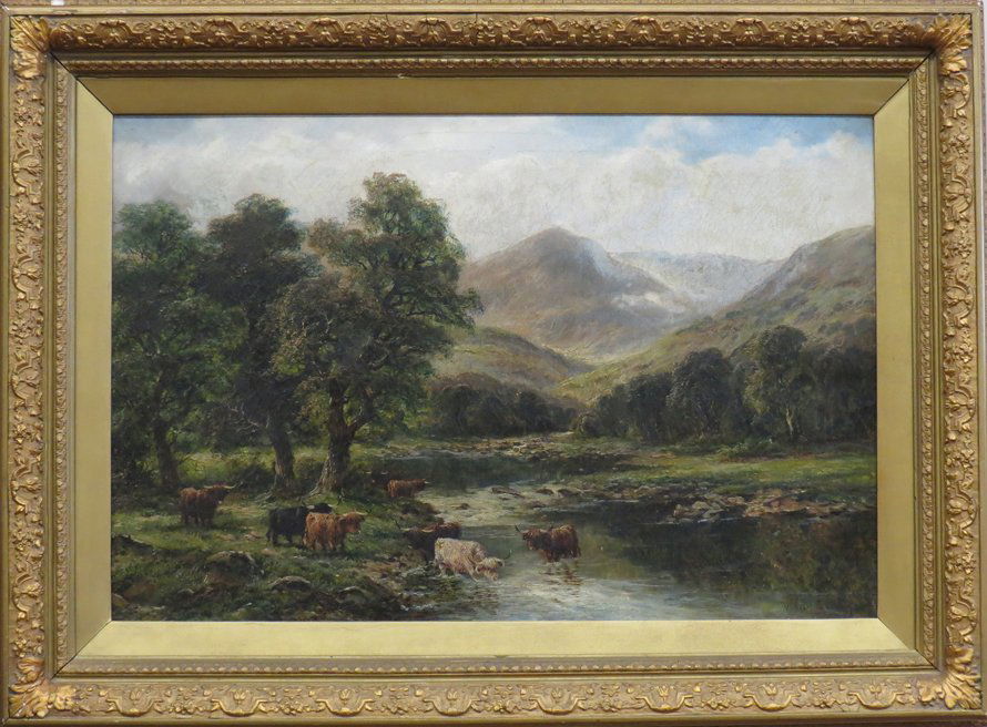 WILLIAM LANGLEY (British, 1852-1922): Scottish Highland cattle sgn. l.r. William Langley, o/c, 20 by 30 in., gilt frame