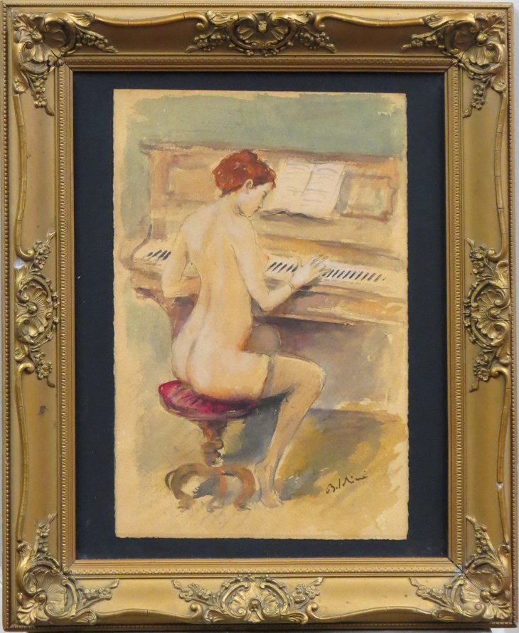 GIOVANNI BOLDINI (Italian/French, 1842-1931): nude woman playing piano sgn. l.r. Boldini, watercolor, 11.5 by 7.5 in. (sight) gilt frame under glass