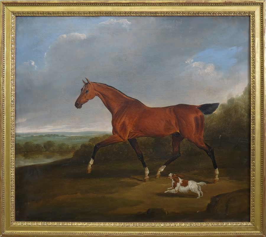 BRITISH SCHOOL, 19th c.: thoroughbred and King Charles Spaniel in a landscape unsigned, o/c, 34 by 39 in. (sight), gilt frame From a grand brick townhouse home of a Boston couple.