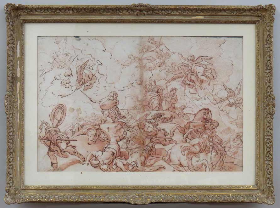 attrib. LUCA GIORDANO (Italian, 1634-1705): Judith displaying the head of Holofernes ink and red chalk on paper (laid down on board), 19.5 by 29.5 in. (sight), matted, framed under glass From a Massachusetts North Shore collection. Prov: The Es