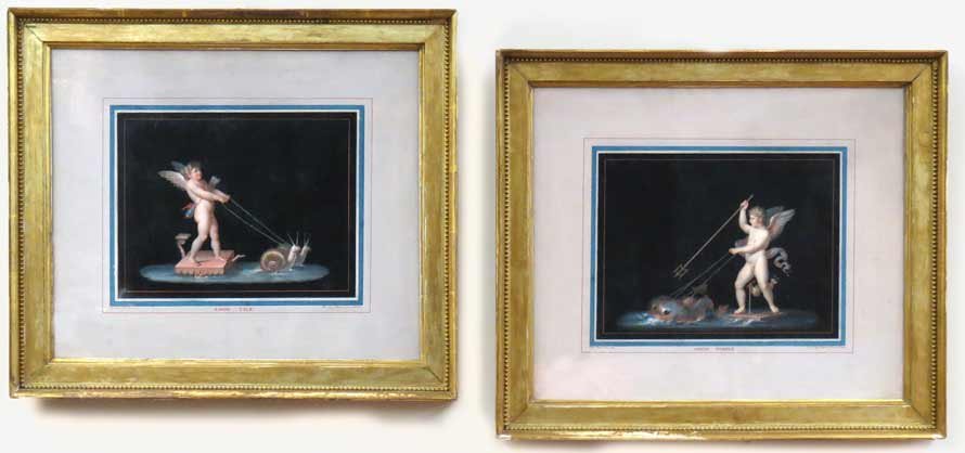 (pair) MICHELANGELO MAESTRI (Rome, 1779-1812): Amor Nobile and Amor Vile both titled, sgn. in red ink l.r. MichAng. Maestri fece in Roma l.l. Raf.Sanz.Urb.inv both gouache on paper, 11 by 14 in., mounted, gilt frame under glass From a series of go