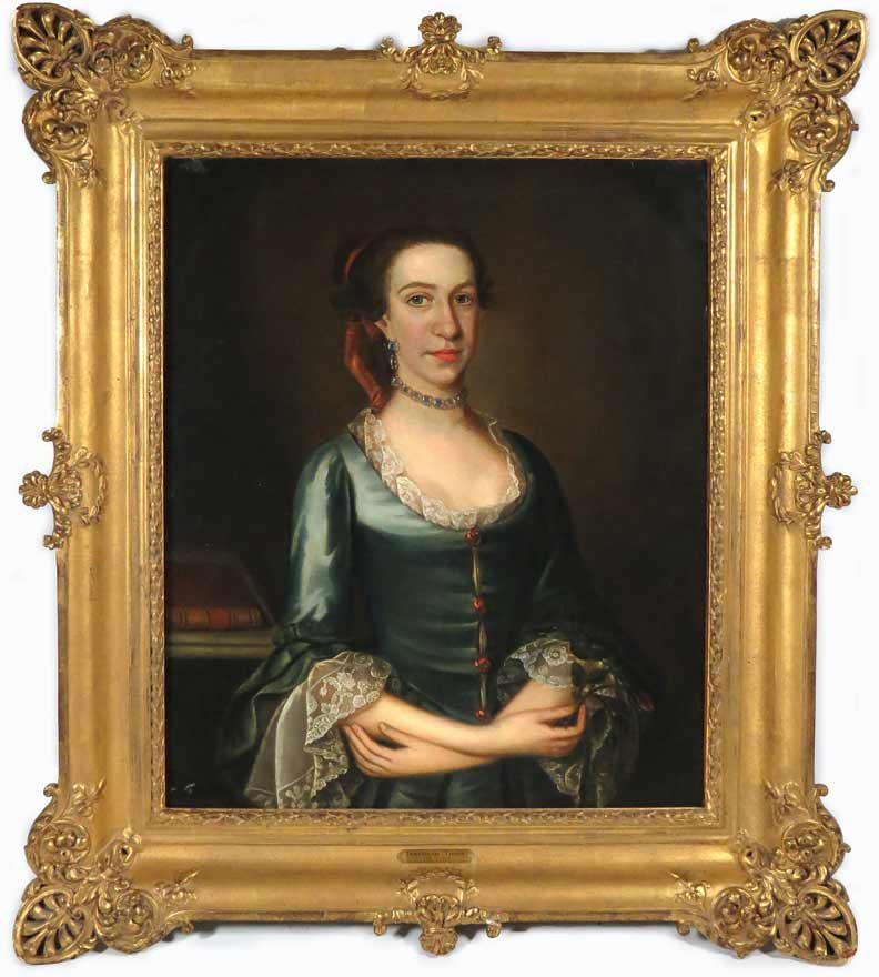 attrib. JEREMIAH THEUS, (American, 18th c.): portrait of a South Carolina colonial woman of means unsigned, o/c (relined), 30 by 25 in., appears to be original elaborate gilt frame Vose label with artist and sitter named Miss Jacobs c. 1750 labe