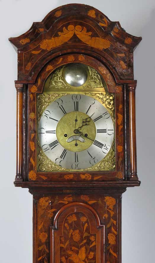 DUTCH MARQUETRY CASED TALL CLOCK: dial sgn. Thomas Watson Haslingden, engraved on zinc plate above dial Time Show/ The Way of/Life Deke, 87”h