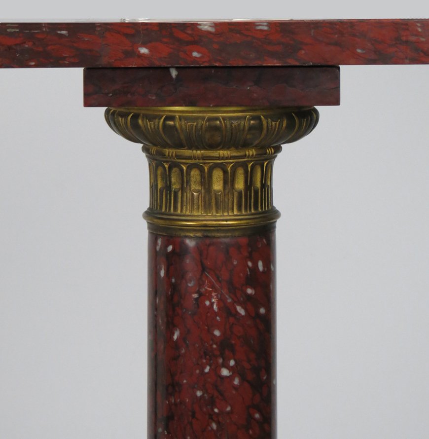 ROUGE MARBLE PEDESTAL WITH BRONZE DORE MOUNTS: 42”h; rectangular swivel top measures 16”w; 8.5”d