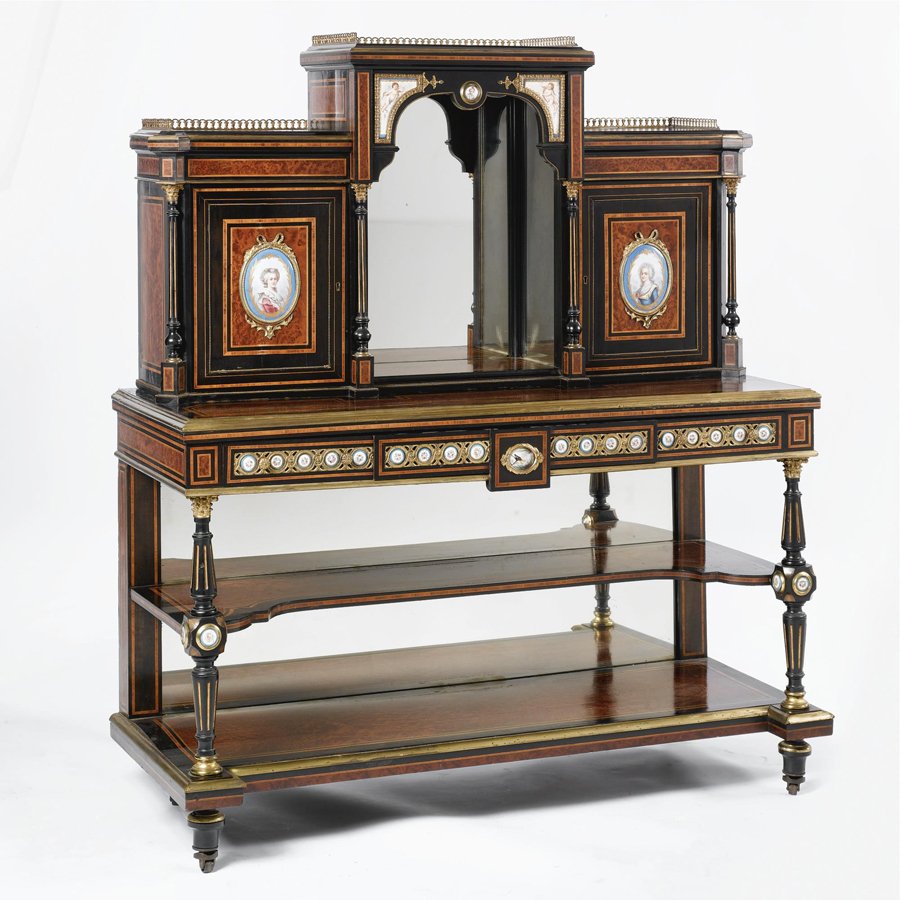 NAPOLEON III INLAID EBONY AND BURL AMBOYNA SECRETARY: Paris, c. 1870, top part with arched mirrored alcove flanked by pair of doors inset with oval Sevres-style porcelain portrait plaques, shelves to interior, additional small floral porcelain plaques ov