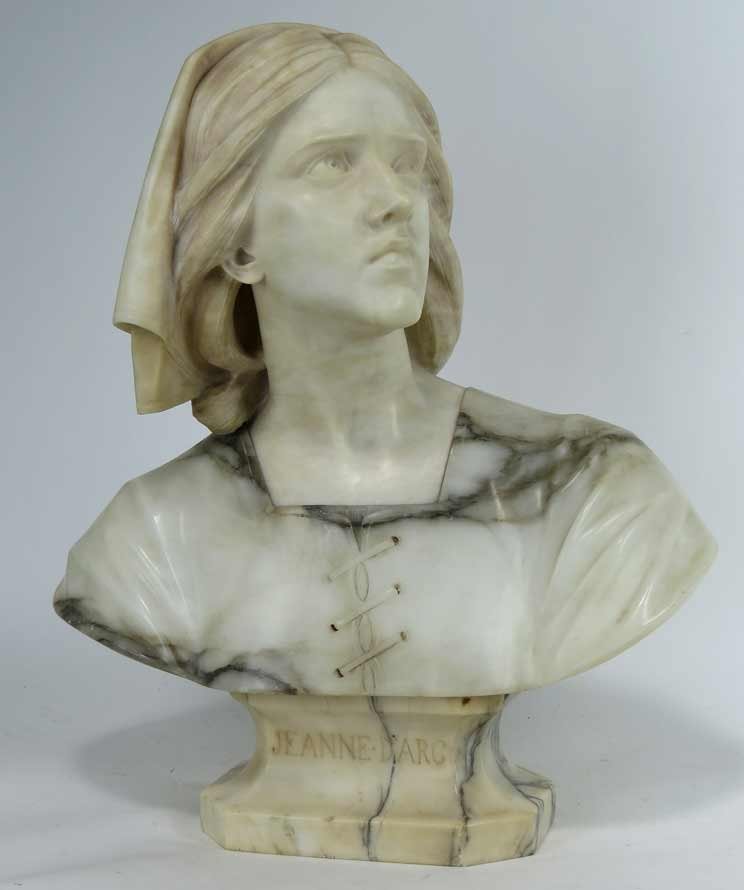 MARBLE BUST, JEANNE D’ARC: 22”h; shoulders 18”w From a Winchester, MA home.
