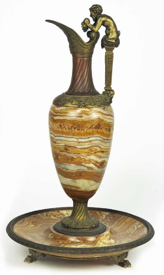 19TH C. FRENCH BRONZE AND MARBLE GARNITURE: ewer-form, with bronze Bacchus handle, mounted on marble and bronze base, 14.5”h; base 8.5”diam.