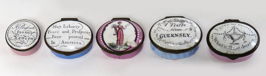 (5) BATTERSEA ENAMEL SNUFF AND PATCH BOXES: 18th/early 19th c., various mottos and figures, oval and round May Liberty Peace and Prosperity Ever Prevail in America; I Give to Receive What Will Not Deceive (broken hinge); A Trifle from Guernsey;