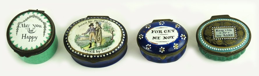 (4) BATTERSEA ENAMEL SNUFF AND PATCH BOXES: 18th/early 19th c., various mottos and figures, oval and round Joined by Friendship/Crowned by Love; Keep This for my Sake; May you be Happy; Forget Me Not (lose lid) From a grand brick townhouse home
