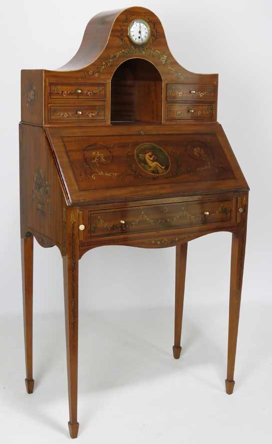 EDWARDIAN INLAID SATINWOOD LADIES DESK: with Angelica Kauffmann-style painted decoration, inset clock, fall-front lid, 53.5”h; 27”w; 15.5”d