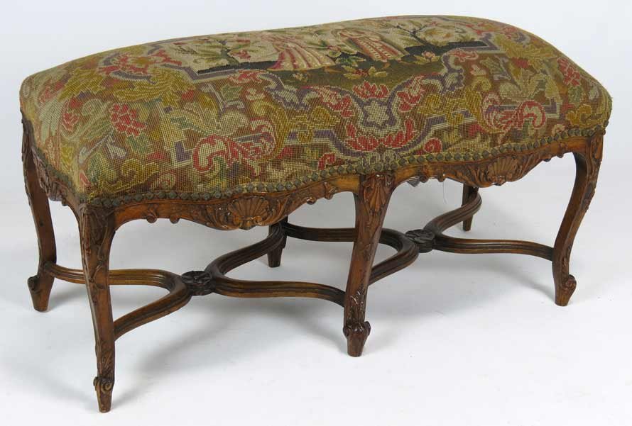 LOUIS XV-STYLE NEEDLEPOINT BENCH: 20”h; 37”w; 16”d From a grand brick townhouse home of a Boston couple.