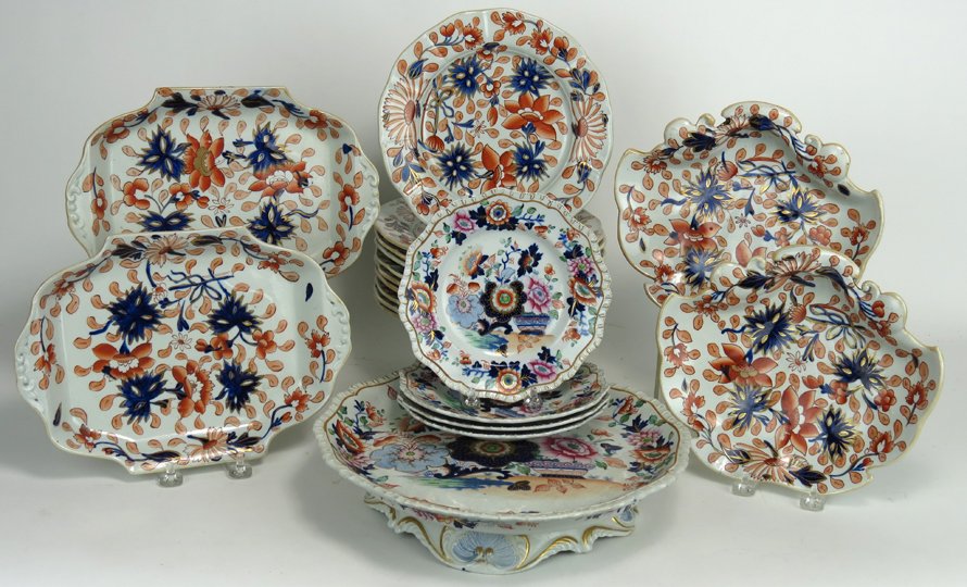 (on 19) GROUP OF ENGLISH IRONSTONE CHINA: all decorated with orange, blue and gold floral pattern c. 1820, (10) desert plates, 8.5”; a pair of shaped serving plates, 9”, and a pair of rectangular plates, 10.5”; impressed on reverse MASO