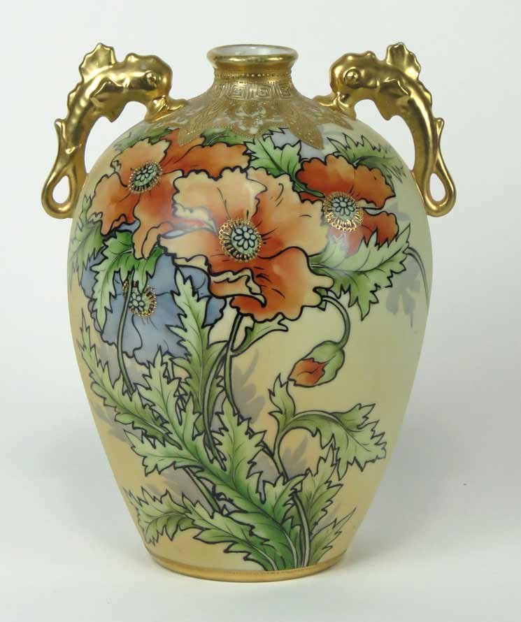 NIPPON ART NOUVEAU VASE: with raised gold decoration, poppy decoration, gilt dolphin handles, 10.5”h From a Winchester, MA home.