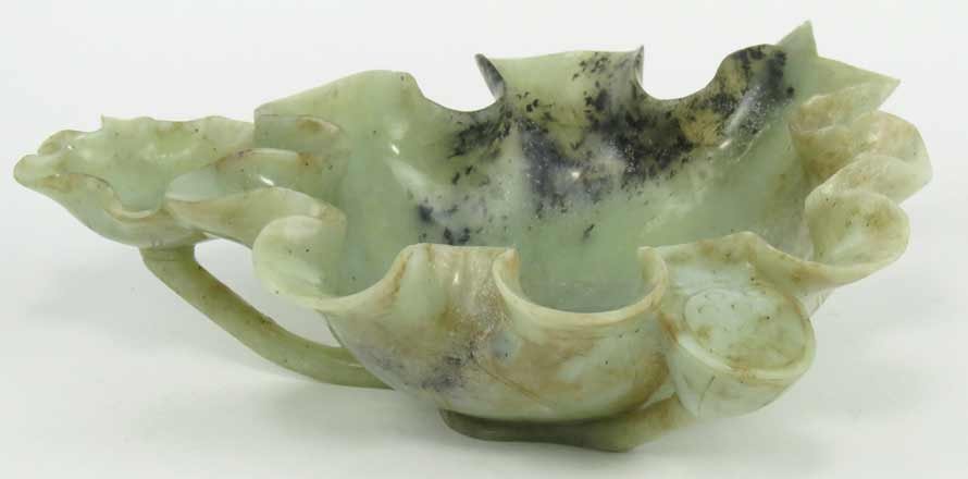 LARGE CHINESE JADEITE BRUSH WASHER: Qing period, lotus-form, 3”h; 11”at widest From a Massachusetts North Shore collection.
