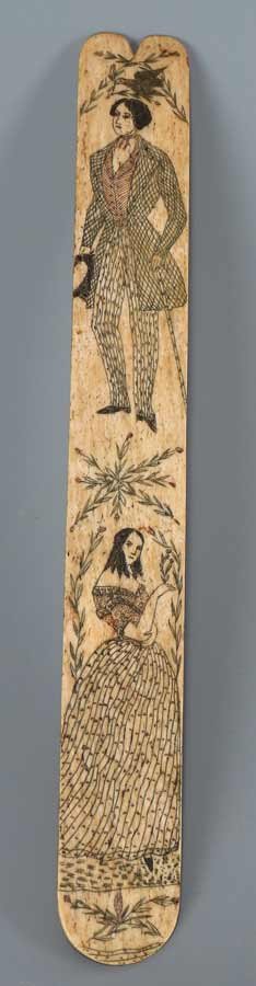 SCRIMSHAW WHALEBONE BUSK: America, 19th c., depicting a dove holding an olive branch above the head of a standing gentleman who is holding a top hat and cane; the lower half with a fashionable lady, green polychrome highlights
