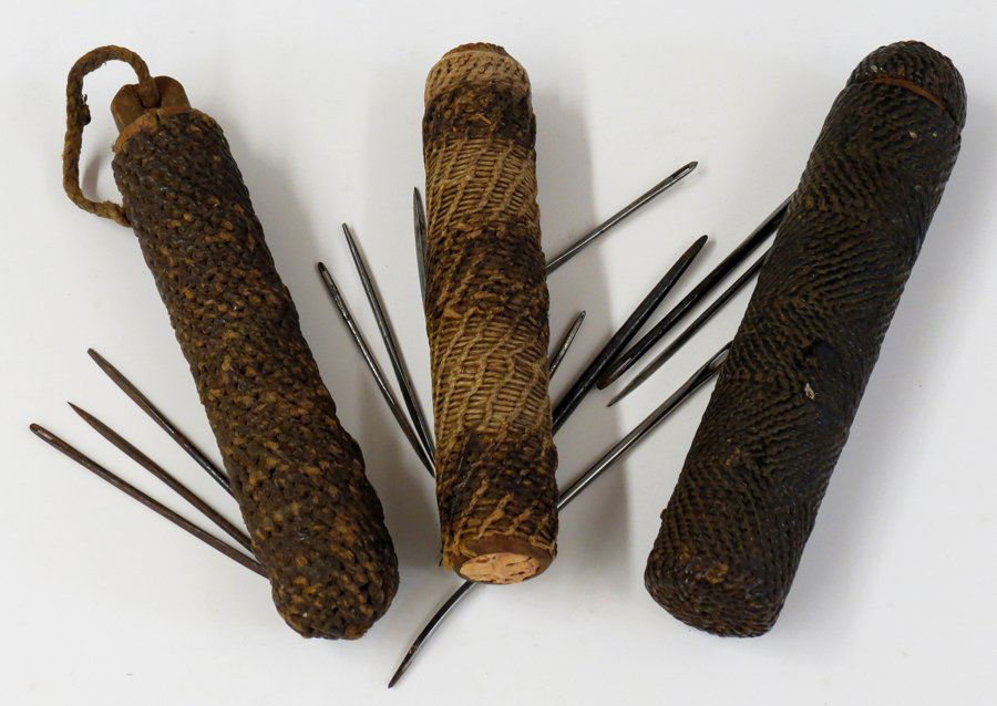 (3) SAILOR’S NEEDLE CASES: America, 19th c., each cylinder-form constructed with twine applied to wood; one with twine covered cork cap, one with wood plug and, the last with cork only (covering missing), 6.5”, along with var