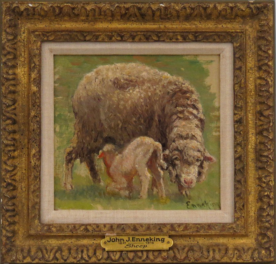 JOHN JOSEPH ENNEKING (American, 1841-1916): study of sheep sgn. l.r. Enneking, o/c, 7.25 by 7.75 in., gilt frame Prov.; From a private collection in Delaware, descended through the family. Paper labels on reverse: Schwarz Gallery, Philadelphia;