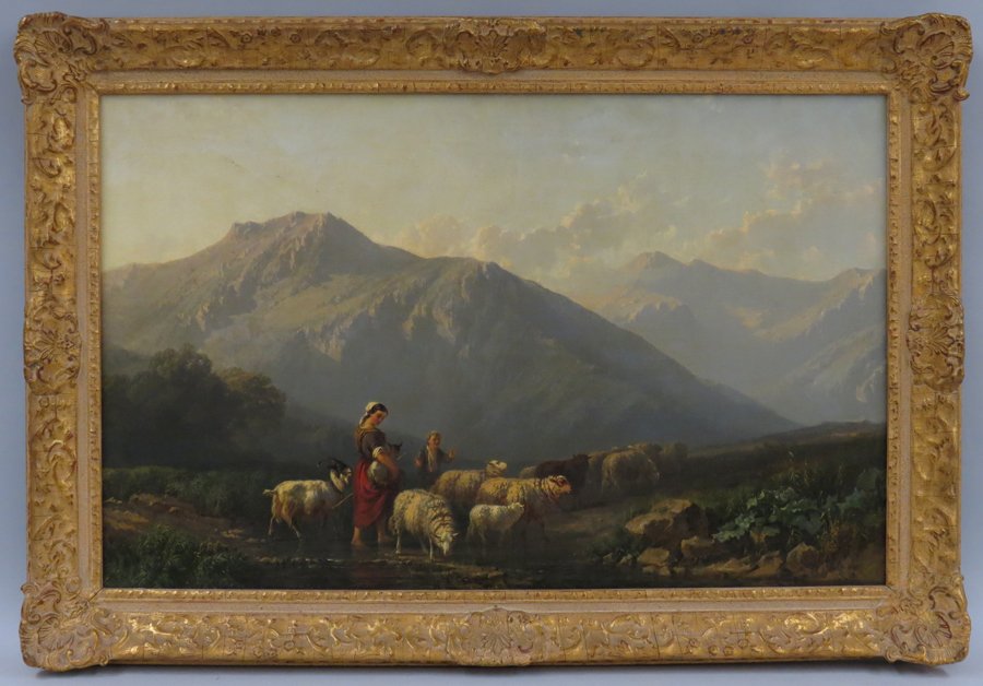 ALFRED EDUARD AGENOR DE BYLANDT (Belgium, 1829-1890): mountain landscape with shepherdess, young boy and sheep sgn. l.r, A. de Bylandt, o/c (laid down on cradled masonite), 20 by 32 in., framed