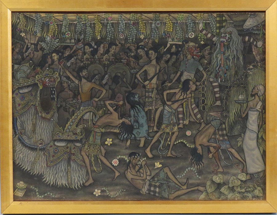 I MADE SADRA (Balinese, 20th c.): ceremonial death ritual sgn. and dated Sadra Peliatan 1966 (Peliaton meaning the Royal House of Peliatan) o/c, 23 by 17 in., framed