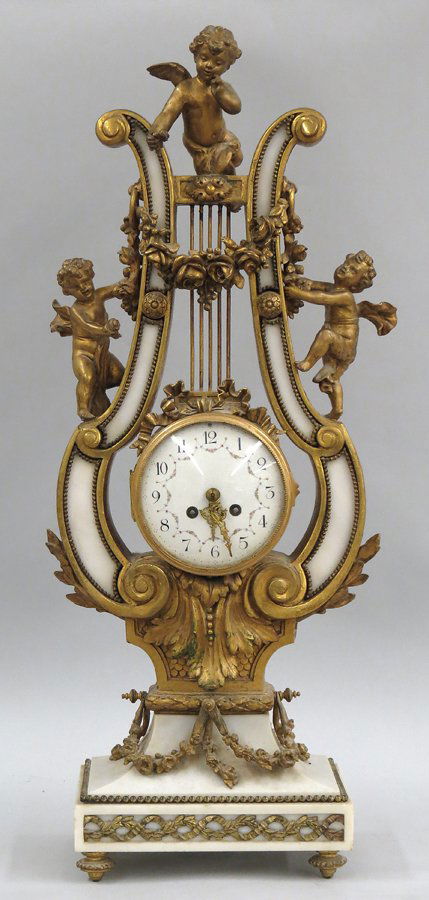FRENCH BRONZE AND MARBLE LYRE-FORM SHELF CLOCK (1 of 2)