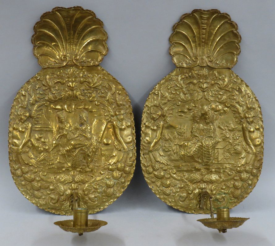 LARGE PAIR OF DUTCH BRASS WALL SCONCES (1 of 2)