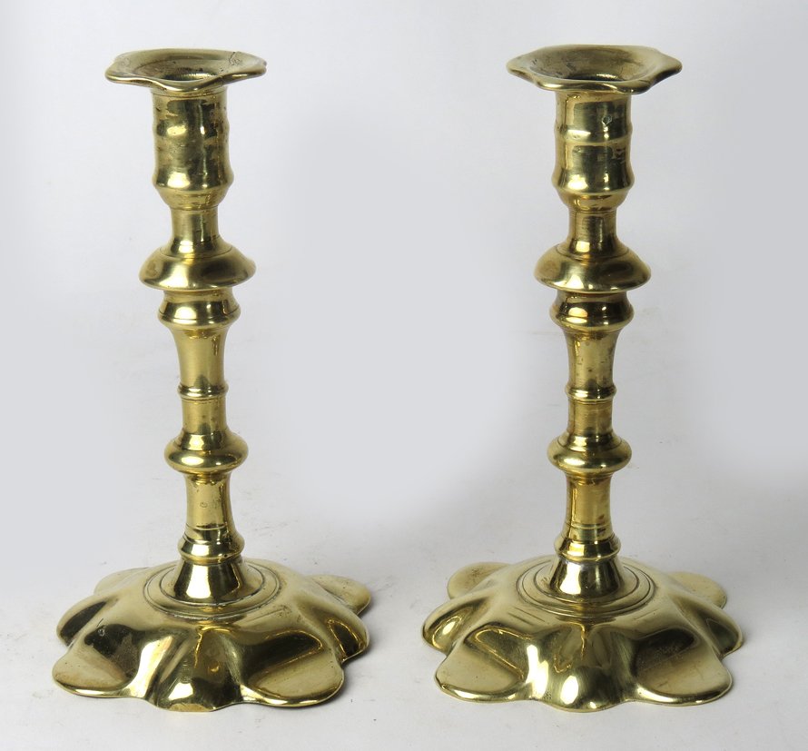 PAIR OF 18TH C. QUEEN ANNE BRASS CANDLESTICKS (1 of 2)