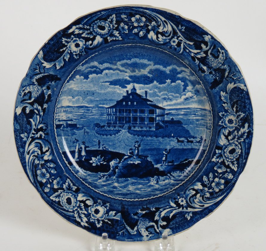 STAFFORDSHIRE BLUE AND WHITE PLATE, NAHANT: Nahant Hotel/near/Boston, 9” diam.