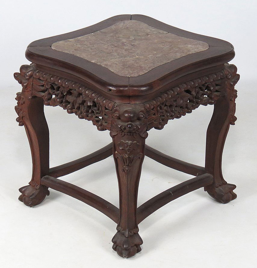 CHINESE TEAKWOOD MARBLE-TOP TABORET (1 of 2)