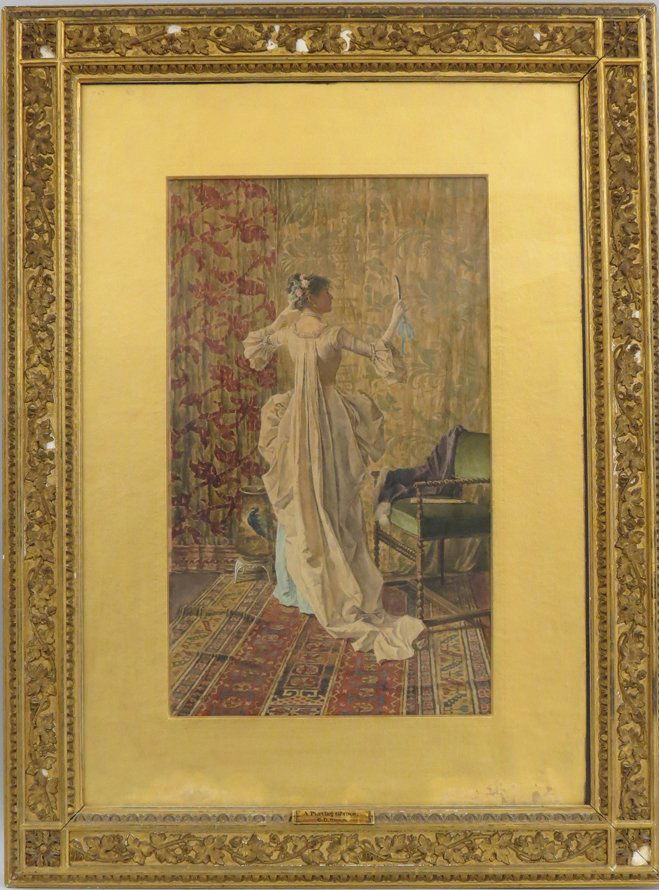 CHARLES DATER WELDON (American, 1855-1935): A parting glance sgn. l.l. Weldon, watercolor, 23 by 14 in. (sight), matted, framed under glass