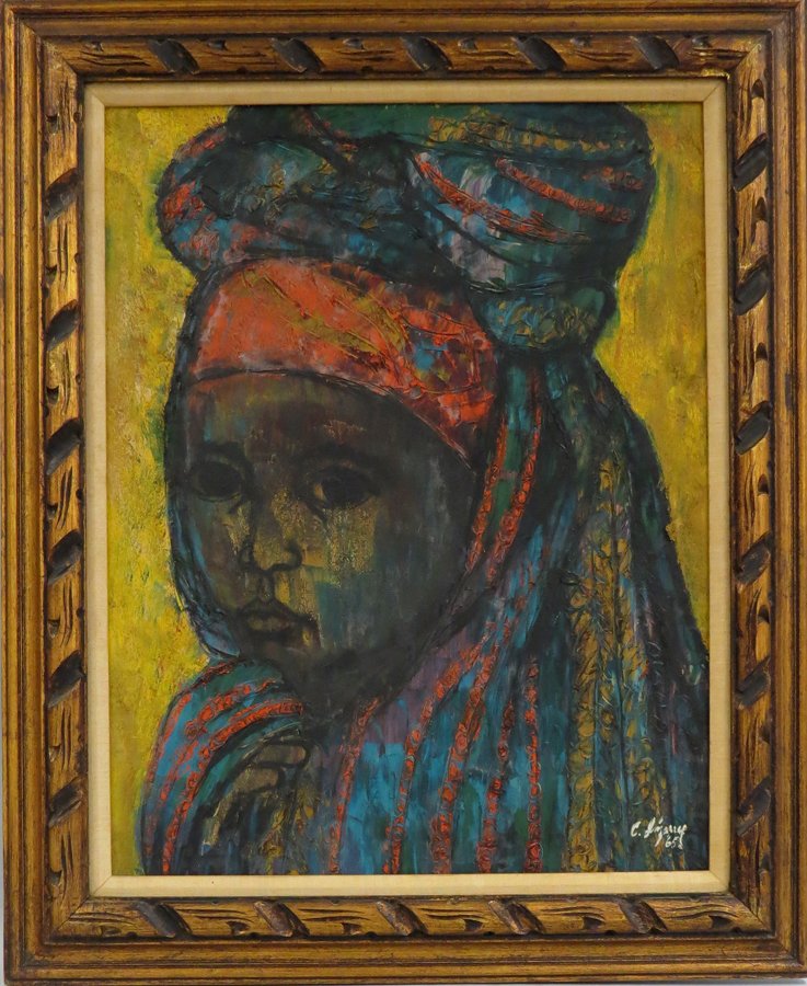 CARLOS IRIZARRY (Puerto Rican, b. 1938): portrait of girl wearing colorful head scarf sgn. and dated l.r. C Irizarry 65, o/c, 30 by 24 in., framed