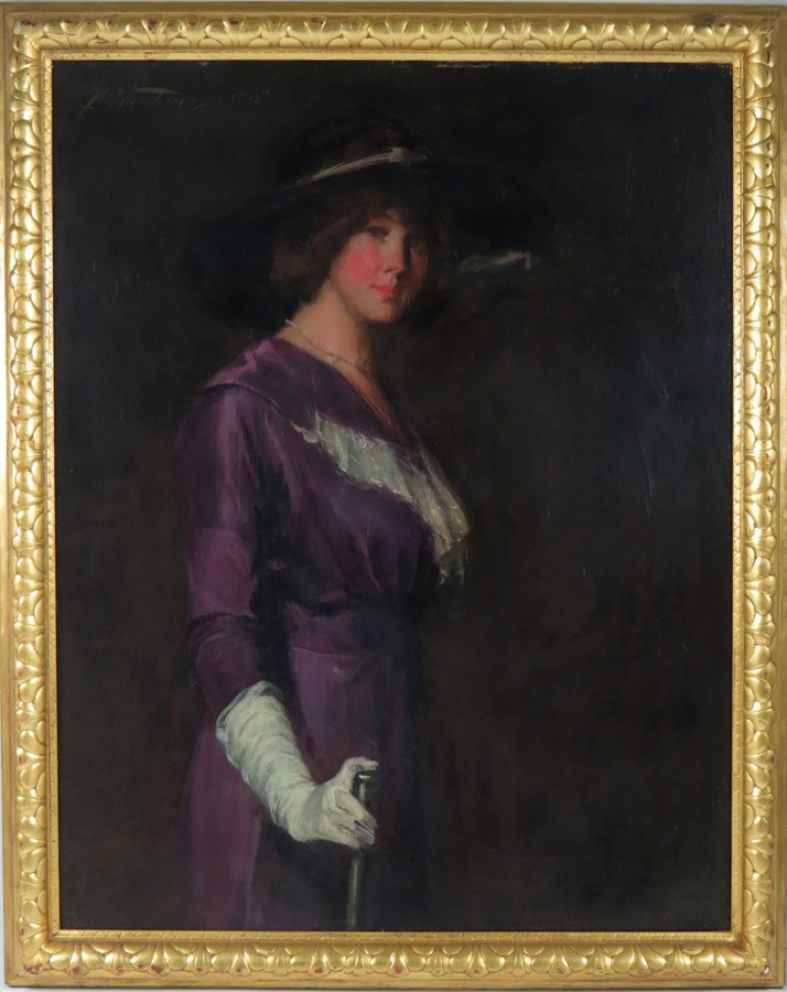 CHARLES WEBSTER HAWTHORNE (American, 1872-1930): portrait of woman in lavender wearing white gloves sgn. and dated u.l. Charles Hawthorne 1895 o/c (relined and re-stretched), 41 by 33 in., gilt frame From a Connecticut home.