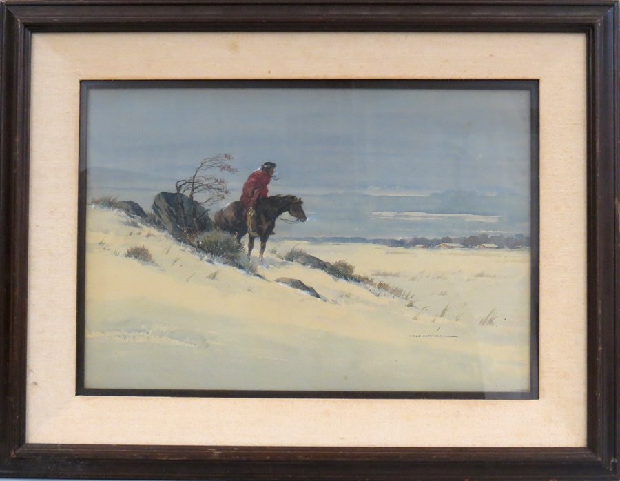 LLOYD HARTING (American, 1901-1974): The Lone Sentinel sgn. l.r. Lloyd Harting watercolor and gouache on board, 15 by 22 in., matted, framed under glass From a Connecticut home, purchased at Christies’ NY, December, 1984