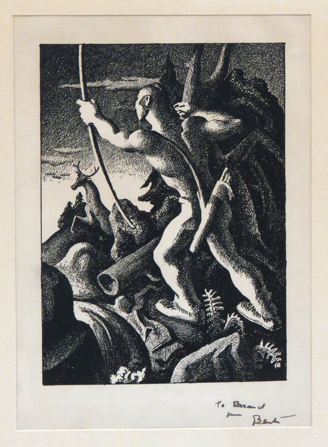 THOMAS HART BENTON (American, 1889-1975): Indian Hunter inscribed l.r. To Bernard/ from Benton lithograph, 7.5 by 5.5 (image), matted, framed under glass paper label on reverse: FORUM GALLERY N.Y with title, artist... Prov.: From the collecti