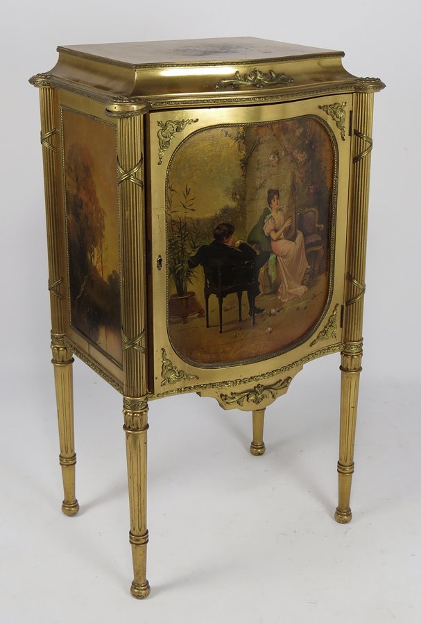 HORNER PAINTED MUSIC CABINET, VERNIS MARTIN: serpentine door with hand painted scene of couple playing instruments, sides with landscapes, ormolu accents, label on reverse: R. J. HORNER & CO./FURNITURE MAKERS./61.63 & 65 W.23RD ST., N.Y., 42”h