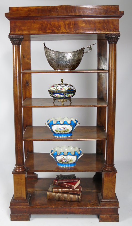 19TH C. BIEDERMEIER ETAGERE: Corinthian columns supporting five shelves, open back and sides, 64”h; 33.5”w; 19.5”d