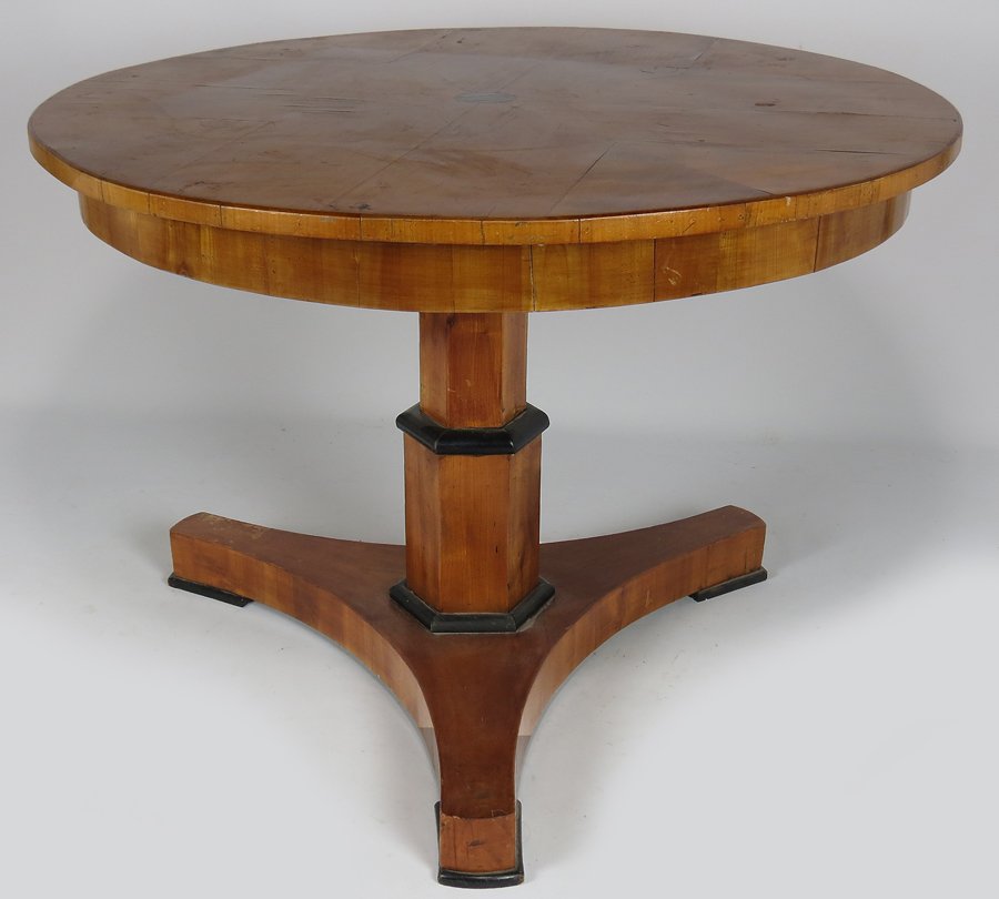 BIEDERMEIER CENTER TABLE: 19th c., pedestal base, 31”h; 44” diam.