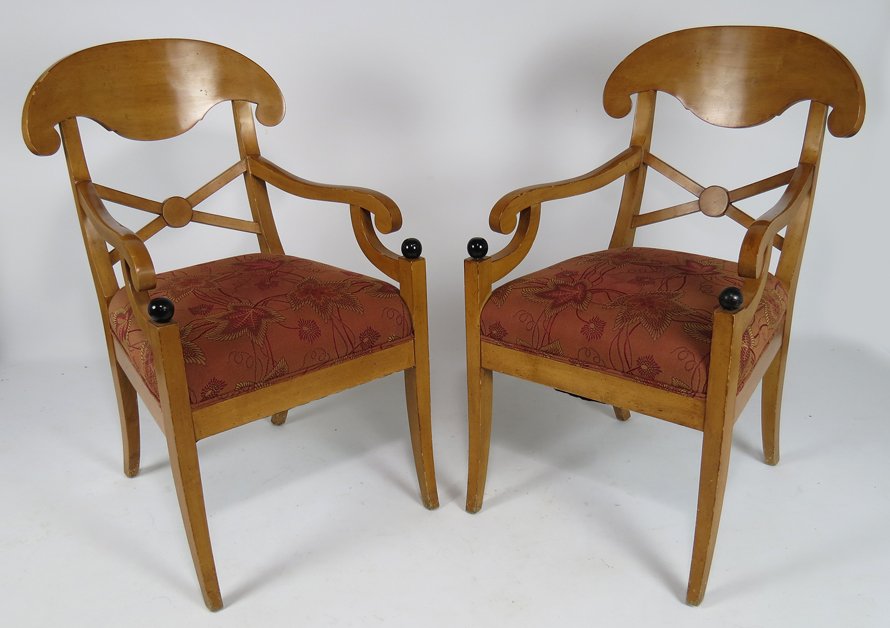 PAIR OF BIEDERMEIER ARMCHAIRS: 19th c., upholstered seats, 38”h; 21.5”w