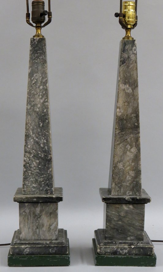 PAIR OF STONE OBELISKS, AS TABLE LAMPS: late 19th c., 22”h (obelisk); base 6” sq.