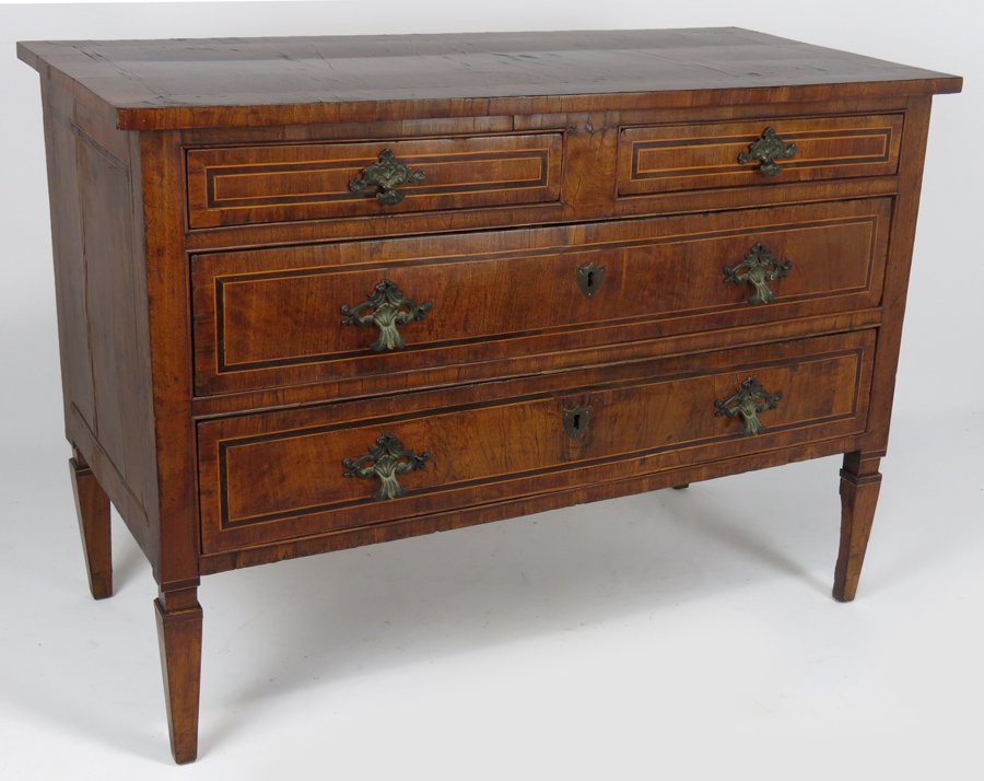 ITALIAN NEOCLASSICAL INLAID COMMODE: two over two long drawers, 34”h; top, 48.5”w; 22.5”d