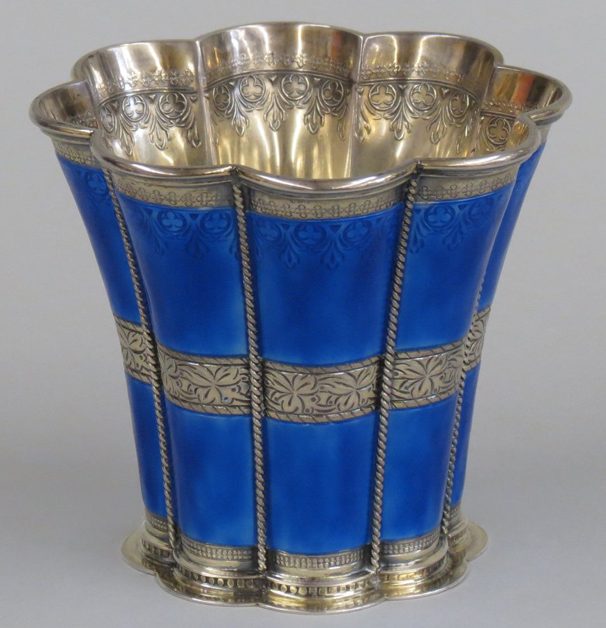 DANISH STERLING SILVER AND ENAMEL CUP: marked: A. Michelsen, Copenhagen, Sterling/Denmark, 3.5”; 6.5 troy oz. After the original “Margrethe” cup designed for first Queen Margrethe of Denmark.