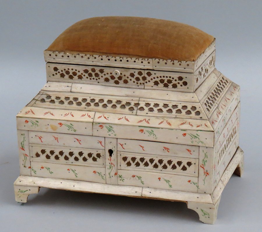 PRISONER-OF-WAR BONE SEWING BOX: 19th c., pin cushion top., 8”h; 8.5”w; 6.5”d
